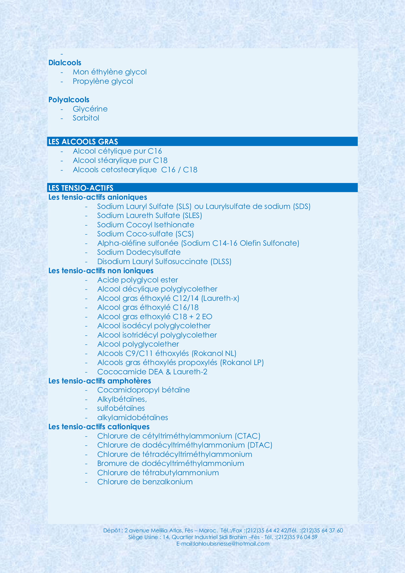 LISTE DES PRODUITS CHIMIQUES POUR LES INDUSTRIELS