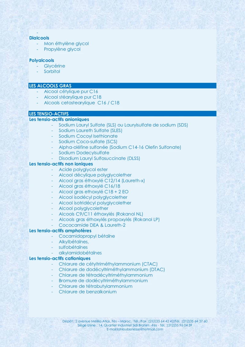 LISTE DES PRODUITS CHIMIQUES POUR LES INDUSTRIELS